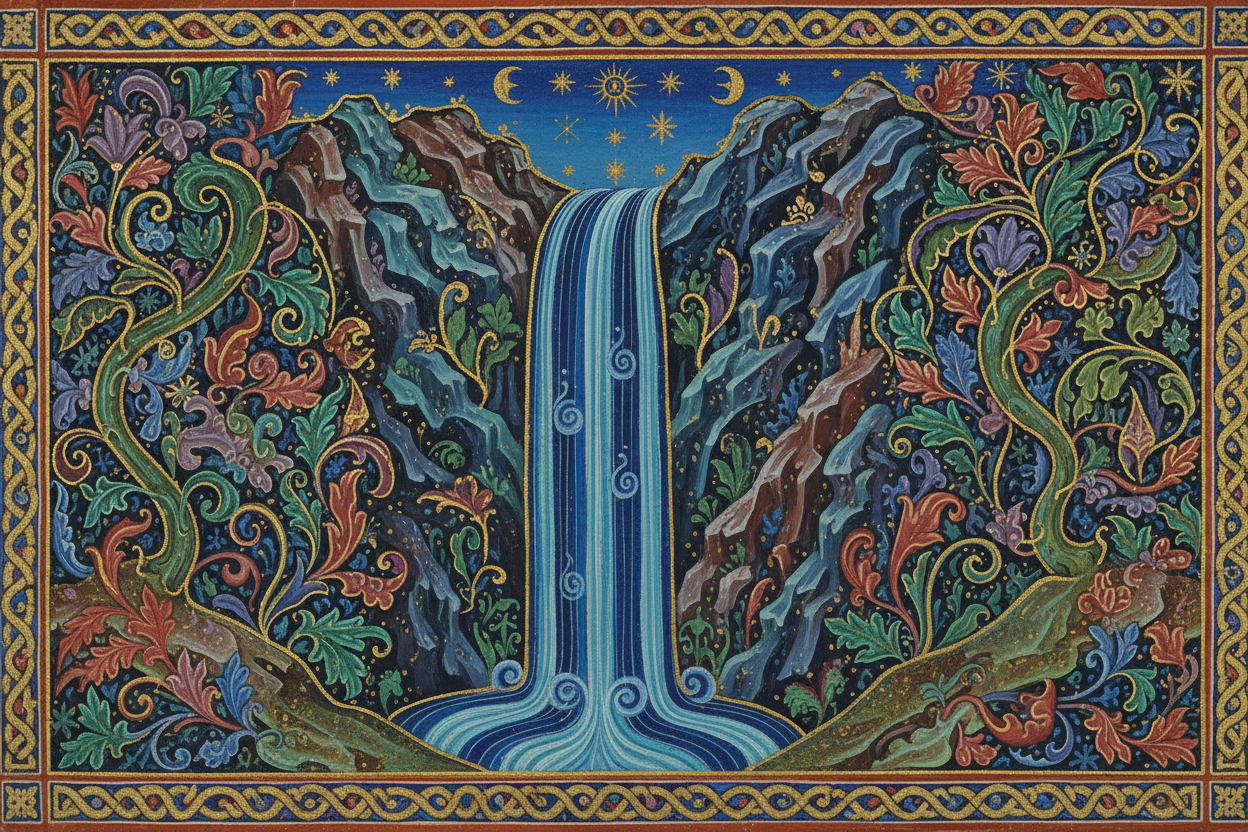 Create an image of a waterfall painted in the medieval era but make it beautiful